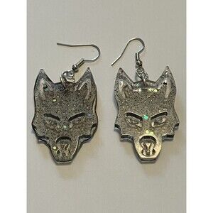 Grey Glitter Wolf Head Earrings Dangle Wolves